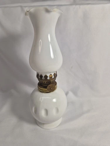 Vintage Small Milk Glass Oil Lamp W/ White Fluted Chimney Globe 8"×3" Japan
