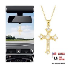 Bling Cross Car Hanging Ornament - Crystal Rhinestones - Religious Vehicle Gold