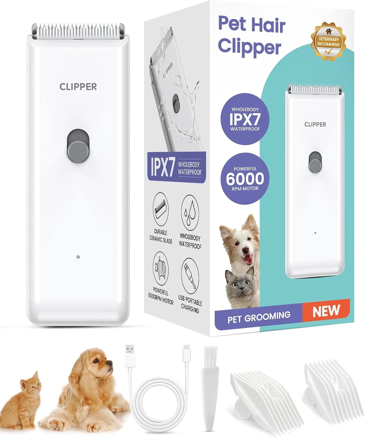 Pet Clippers for Dog Hair Grooming Low Noise, Rechargeable Cordless Cat Shaver w