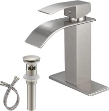 Brushed Nickel Bathroom Sink Faucet Waterfall Single Hole Handle Mixer w/ Drain