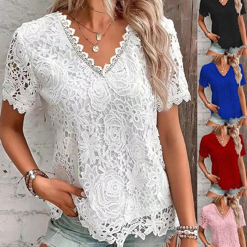 Women Tees Pullover Lace Flower V-Neck Blouse Tops Summer Short Sleeve T-Shirt