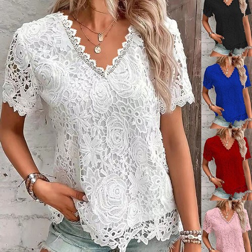 Women Tees Pullover Lace Flower V-Neck Blouse Tops Summer Short Sleeve T-Shirt - Afbeelding 1 van 13