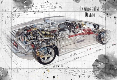 Line Tech Zeichnung Lamborghini Diablo Cutaway Kunst Poster Druck