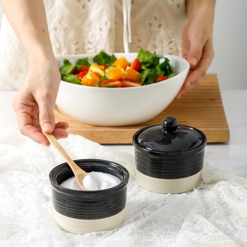 Ceramic Salt Cellar 9 oz Salt and Pepper Bowls with Lid for Countertop Stacke... - Picture 4 of 7