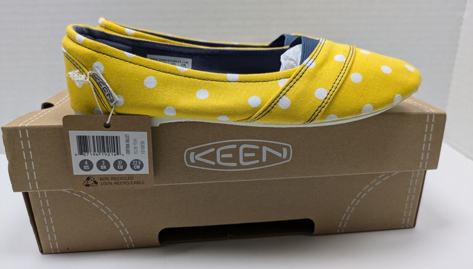 NUOVE scarpe Keen grandi bambini taglia 4 giovani Cortona ballerine gialle a pois nuove con etichette