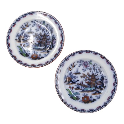 Antique Victorian c1880s Edge Malkin HONG Flow Blue Bread Plates 7.25'' Set of 2