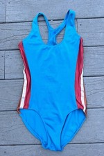 Vintage Danskin One Piece Unitard Bodysuit Shiny Blue With Stripes XS/S