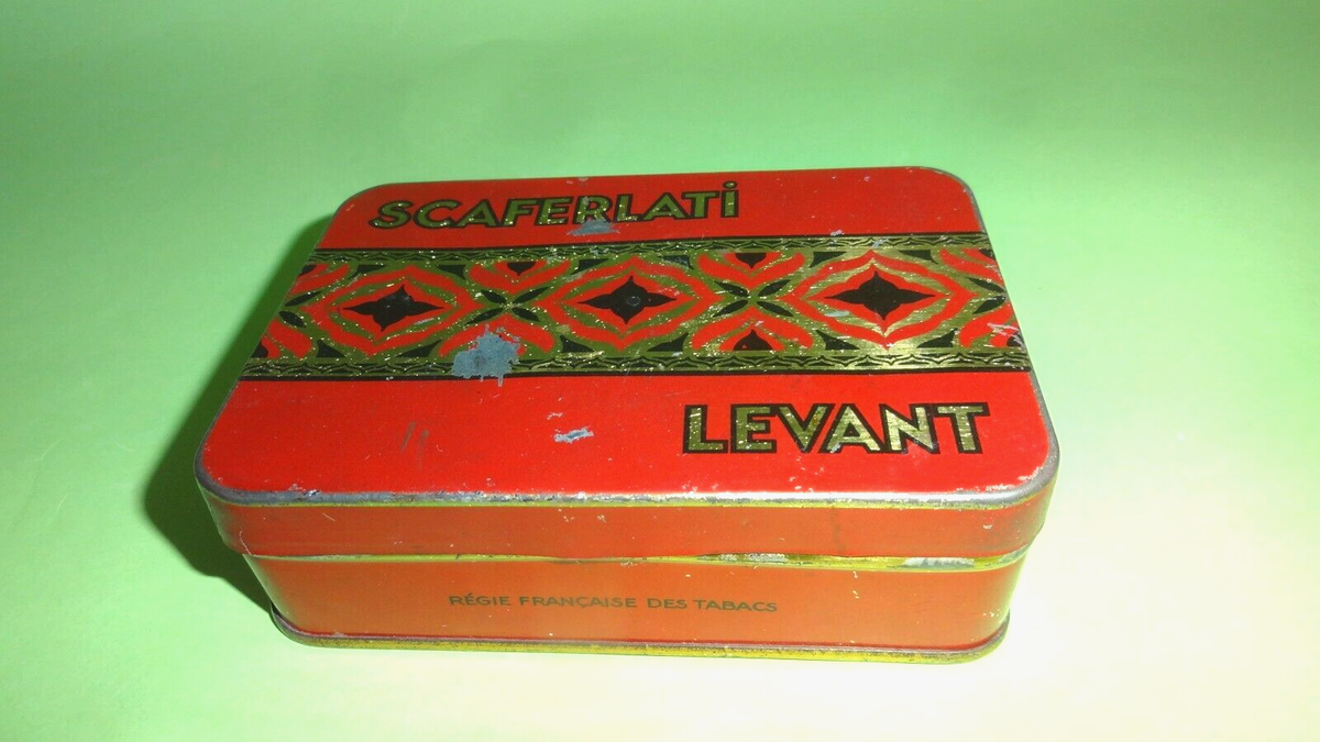 scaferlati tobacco TIN TOBACCO CIGARETTE BOX SCAFERLATI LEVANT REGIE FRANCAISE DES TABACS  1950's