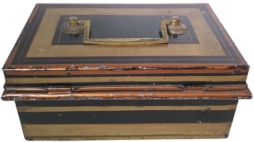 EARLY 20TH C ENGLISH ANTIQUE BLK/RED/GOLD ENML PNTD TIN TOLEWARE CASH BOX W/DRWR - Picture 12 of 15