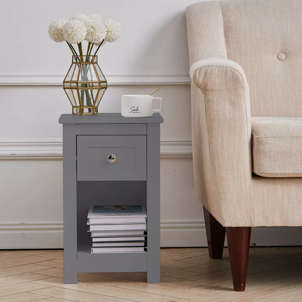 Small Side Table Slim Narrow Wooden Night Stand Bedside Drawer Storage Cabinet