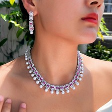 Silver Plated Rose Red Zircon Baguette Pearl Tennis Necklace Earring Jewelry Set