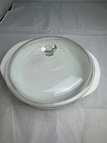 Vintage Pyrex 221 8 inch Round Milk Glass Deep Dish Cake Casserole With Lid