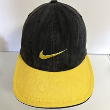 Vintage Nike Swoosh Strapback 90s Y2K Black & Yellow Adjustable Cap Made in USA