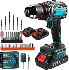 21V Cordless Power Drill/Driver Set, Electric Power Drill Set with 2 Battery & C
