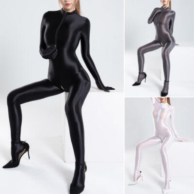 Womens Silky Full Bodystocking Shiny Glossy Zipper Bodysuit Jumpsuit ...