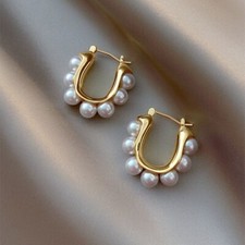 Fashion Woman 14K Gold Plated Pearl Earring Clip Hoop Huggie Ear Drop Dangle