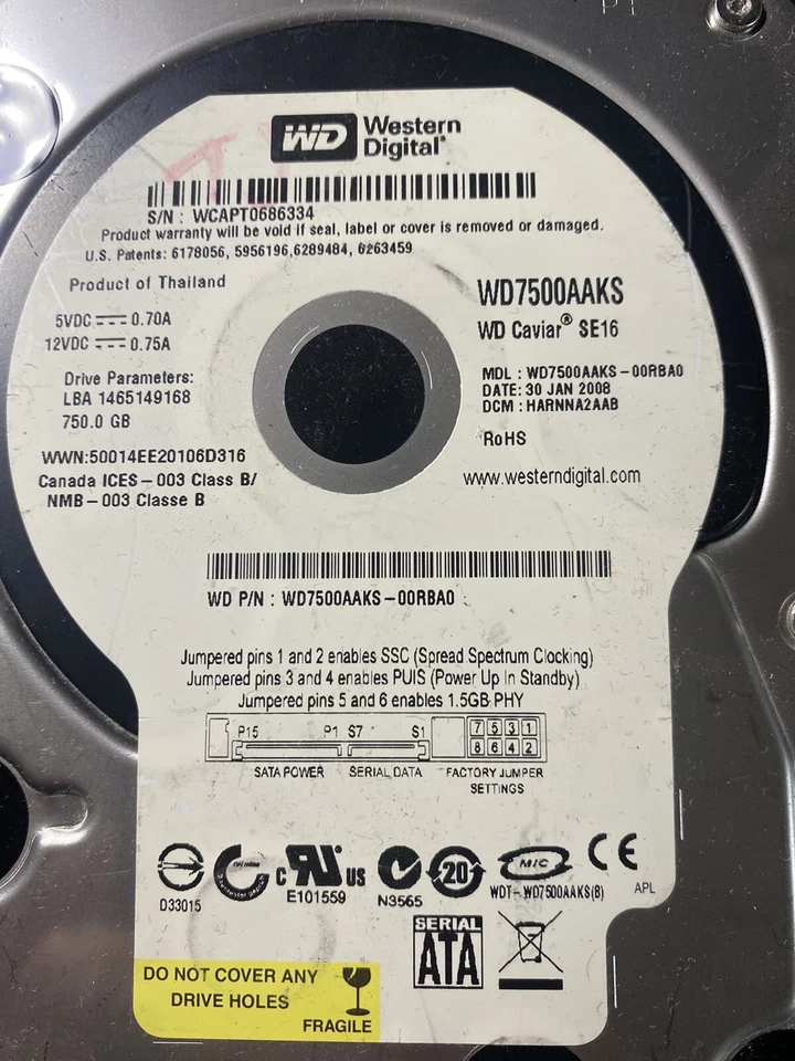 Western Digital WD7500AAKS-00RBA0 750GB DCM HBRNHA2ABB - Image 2 of 4