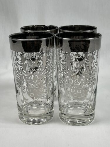 KIMIKO Silver Knight Shield Highball Glasses Vintage Set Of 4 Mid Century Modern - Picture 1 of 8