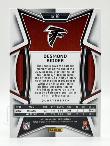 2023 Panini Certified Mirror Red #93 Desmond Ridder 48/99 Atlanta Falcons - Picture 2 of 2