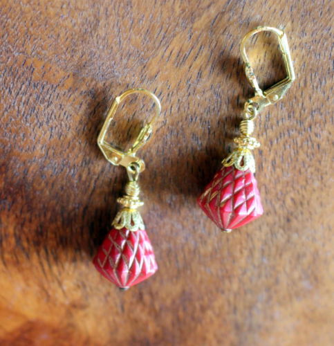 OHRRINGE ROT GOLD PERLE BAROCK Form LEDER DAMAST RETRO - Bild 2 von 2