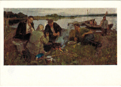 1958 Russian postcard Soviet writer M.Sholokhov among fellow countrymen river 