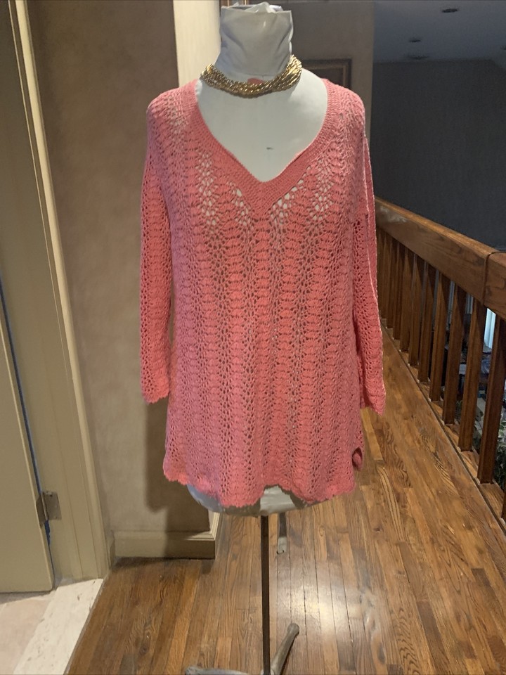KATE HILL PETITE LINEN/COTTON PINK CROCHET SWEATER VNECK SWEATER SZ