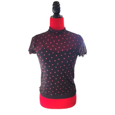 NWT Women's Moa Moa  Black Heart Mesh Crop Top w/Silky Black Undershirt Size: M