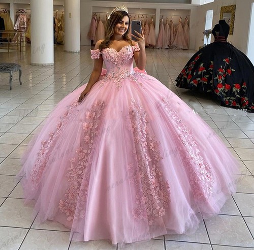 Pink Quinceanera Dresses Ball Gown Off Shoulder 3D Rose Flowers Puffy Sweet 16  - Picture 1 of 12