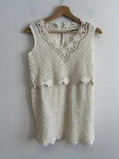 Topshop Knit Crochet Lined Tunic Mini Dress Boho Cotton Cream UK 6, 27.5” long