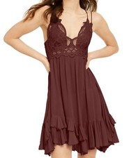 Free People Adella Lace Slip Dress XS/TP Boho Crochet Lace Ruffle Hem Burgundy