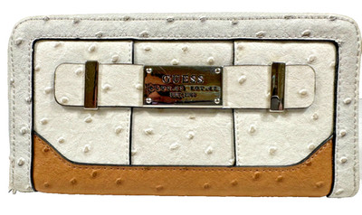GUESS Los Angeles Est.1981 Zip Around Wallet Otrich Embossed White & Tan NIB