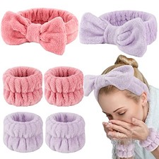 6PCS Spa Headband and Wristbands Set, Face Wash Headband Wrist Pink, Purple