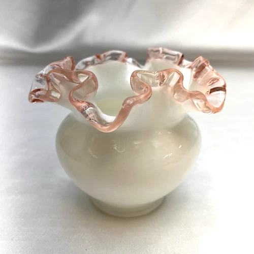 Vintage Small Fenton Rose Crest Vase Milk Glass w/ Light Pink Ruffled Rim Edge