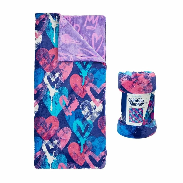 Ashford Home Faux Fur Slumber Bag Blanket 137 x 142 cm Grafitti Hearts Design