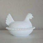 Slotted Indiana Milk Glass 7" Hen on Nest  Open Bead Stippled Nest Vtg 1960's