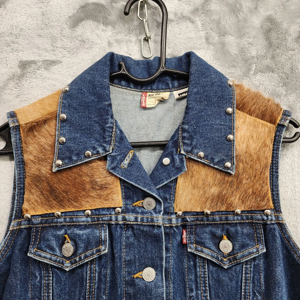 Chaleco Levi's Mujer S Azul Marrón Piel de Vaca Flecos Cuentas Denim Sin Mangas Western Foto 2 de 4