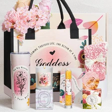 Gift for Women – Spa Self Care Gift Basket with Tumbler, Tote Bag & Cozy Socks –