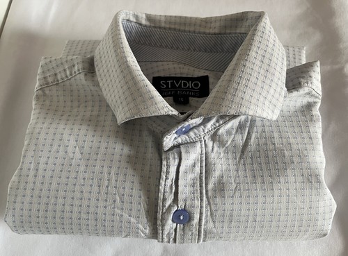 JEFF BANKS Studio Men’s Size 15 Shirt Long Sleeves White & Blue Pattern Cotton