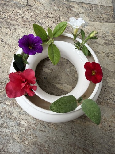 White Horchow Japan Pansy Posey Ring Flower Frog Vase Centerpiece Vintage 5”