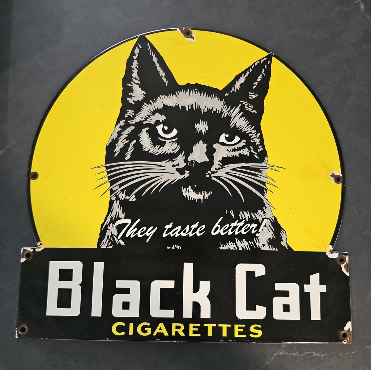 black cat cigarettes sign VINTAGE 12⅞” BLACK CAT CIGARETTES PORCELAIN SIGN