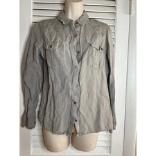 Democracy Gray Linen Blend Button Down Shirt Long Sleeve Casual Size S