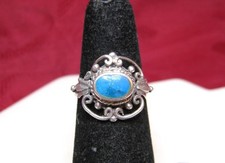925 STERLING SILVER FILIGREE OVAL TURQUOISE CABOCHON BAND RING SIZE 5.25