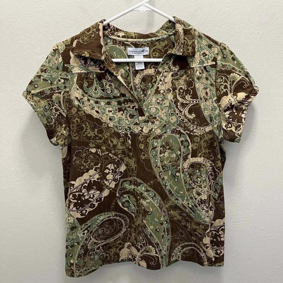 Caribbean Joe | Top de manga corta verde y marrón cachemir cuello en V mediano floral Foto 2 de 4