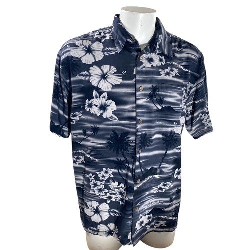 Big Dogs Hawaiian Shirt Large Floral Hibiscus Plumeria Flowers Palms Gray White - Picture 2 of 7