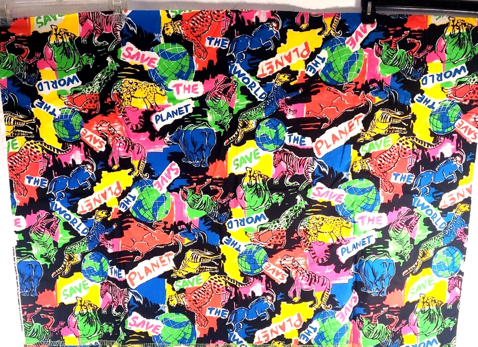 Cranston Print Works 'Save The Planet / World' 7/8 yard Neon Animal cotton USA - Image 2 of 4