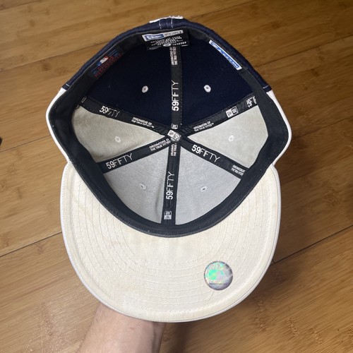 Vintage Y2K New York Yankees 59FIFTY Leather Wool ColorBlock Fitted 7 1/2 Hat - Picture 12 of 17