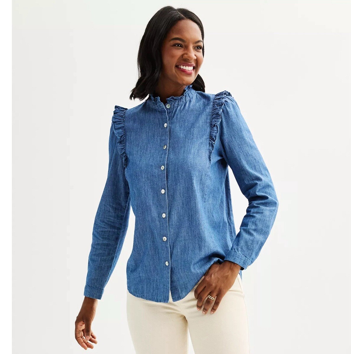 Draper James Chambray Button Down Shirt In Blue Denim With Ruffle
