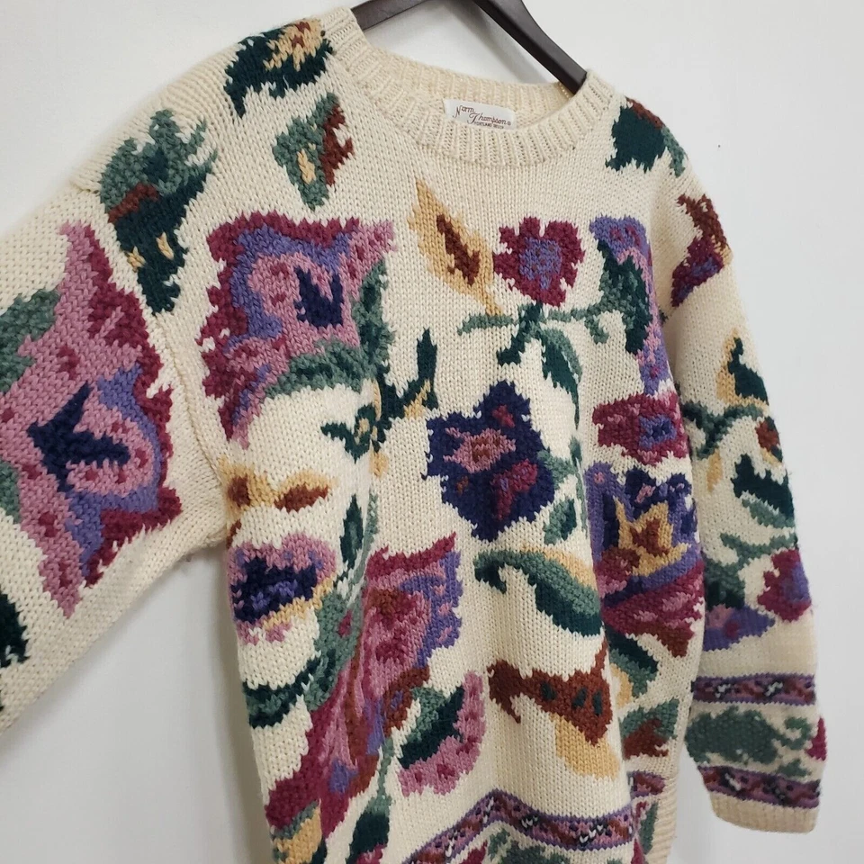 复古 Norm Thompson 女式羊毛 Cottagecore 花卉毛衣 M 码舒适独立 — 第 2/4 张图片