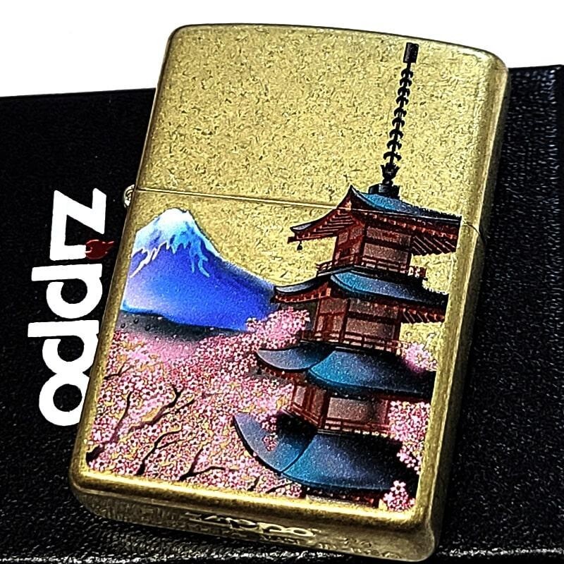 Zippo Five-story pagoda Mount Fuji Cherry blossoms Brass Gold