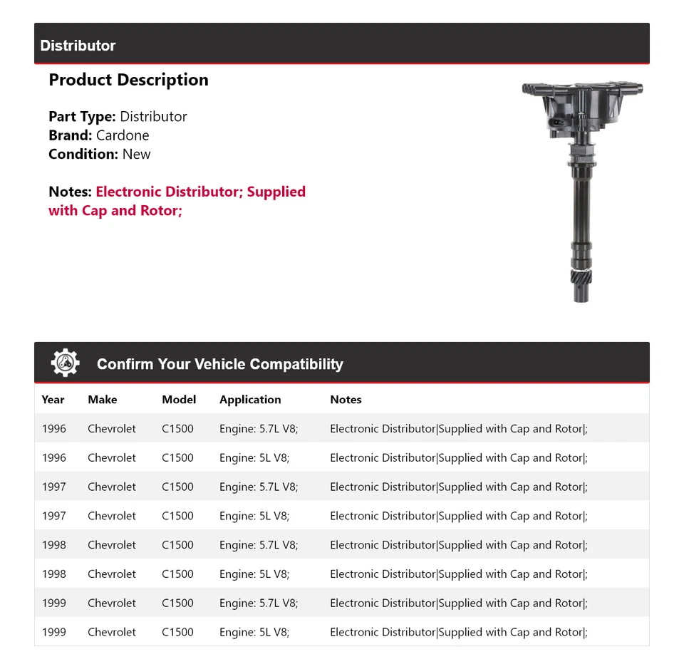 Chevrolet C1500 1996-1999 distribuidor Cardone 1997 1998 Foto 2 de 4